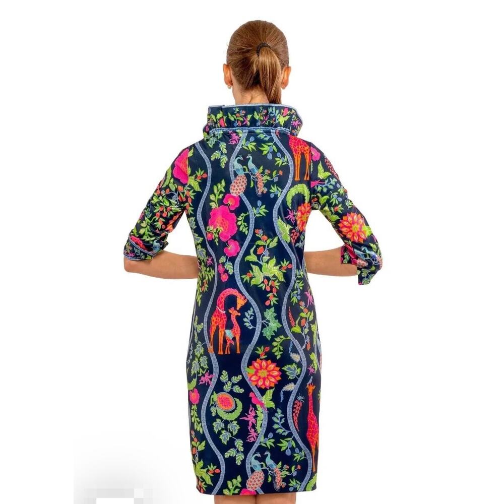 NWT Gretchen Scott Ruffleneck 3/4 Sleeve Dress Women's Large Giraffe Print Blue - Picture 2 of 10